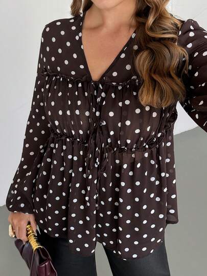 Auralis Plus Size Women's Spring And Summer Fashion Casual Elegant Loose Brown Chiffon Perspective Long Sleeve Bow Tie Shirt,Spring Outfits,Women Blouse,Curve Sexy Tops,Beach Vacation,Club Outfits Women,Brunch Outfits For Women,Long Sleeve Tops/Brown Polka Dots / Mesh Sheer / Lightweight / Sun Protection