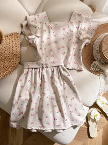 Elladie kids 2件套少女夏季新款荷叶袖前开衩A字裙配腰带碎花休闲套装 - 彩色 - 查看 2