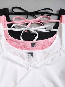 Sweetra Y2K性感蕾丝边饰二合一休闲百搭T恤套装 - 彩色 - 查看 6