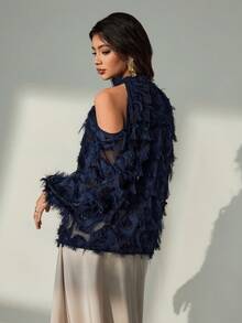 Bluhae Women's Solid Color Casual/Office Off-Shoulder Long Sleeve Minimalist Button-Up Shirt - Navy Blue - View 2