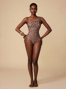 Swim Chiccia Women's Geometric Print Ruched One-Piece Swimsuit, Vacation - Brown - View 7