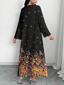SHEIN Najma 女士彩色花卉植物数码印花V领长袖优雅阿拉伯风格连衣裙，适合春秋季穿着 - 彩色 - 查看 2