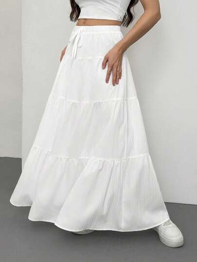 SHEIN Tall Women Solid Color High Waist Tie Ruffled Hem Maxi Skirt White Long Skirt Long Summer Skirt White Maxi Skirt White Boho Skirt Cotton Skirt