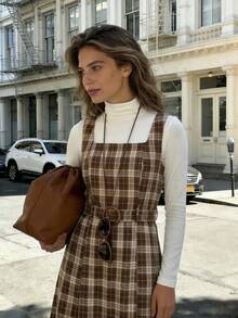 Rafferiza Vestido mini de 2 en 1 con cinturón a cuadros para mujer 2025 - Versátil para la oficina y las vacaciones con detalles de botones - Multicolor - Ver 3