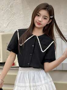 DAZY Áo sơ mi tay ngắn cổ Peter Pan cài cúc phía trước, kiểu dáng thường ngày cho bé gái tuổi teen, thích hợp mặc mùa hè. - màu đen - Xem 6