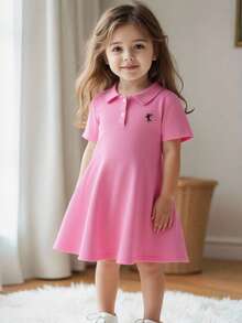 SHEIN Explorewe 女童短袖褶裥连衣裙，修身剪裁，尽显活力，及膝长度，浅粉色，饰有骏马刺绣，可爱优雅，适合上学、生日派对、夏季户外活动，甜美学院风。 - 玫紅色 - 查看 3