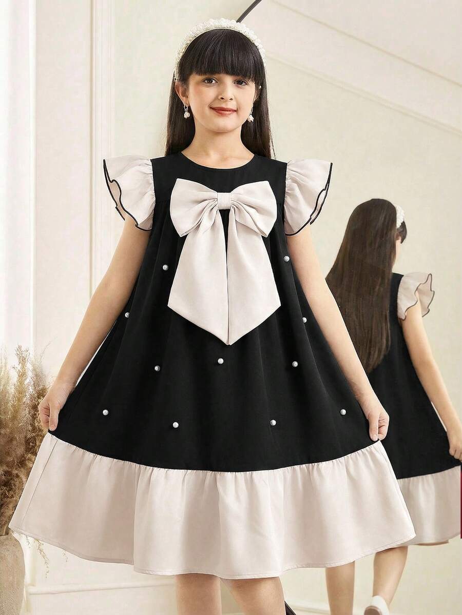 SHEIN Đầm chữ A tay bồng phối màu cho bé gái tuổi teen, cổ tròn, tay bồng. - Nhiều màu - Xem 1