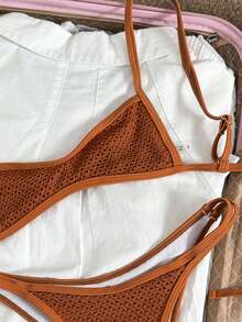 Swim Vcay 2026 New Women's Summer Beach Vacation Special Mesh Fabric Spaghetti Strap Bandeau Backless Sexy High Waist Bikini Set, 2 Pieces - Burnt Orange - View 5