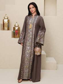 Al Najma Women's Elegant Sequin Embroidery Notched Neck Loose Dress, Autumn - Multicolor - View 5