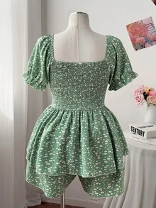 Flirla Plus Size Women Green Ditsy Floral Short Sleeve Casual Jumpsuit, Summer - Multicolor - View 2