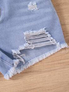 SHEIN Teen Girl 3 Pieces Solid Light Washed Ripped Raw Hem Baggy Denim Jeans Shorts,White,Summer,Streetwear,Graduation,Back-To-School,Boho Beach Holiday - Multicolor - View 6