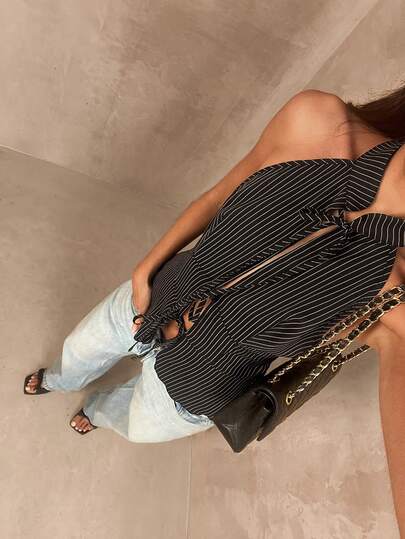 Glamine Women's Black & White Striped Stand Collar Sleeveless Tie-Front Fashionable Sexy Slim Fit Blouse, Versatile For Office, Commute, Photoshoot