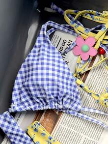 Swim Mod New Printed Spaghetti Strap High Cut Bikini Set Gingham Set Blue And Yellow Bikini Gingham Bikini Checkered Bikini Yellow Polka Dot Bikini - Multicolor - View 4