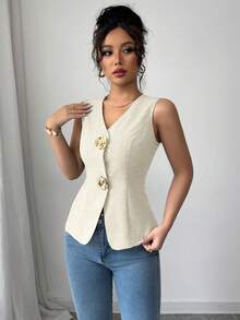 Rafferiza Petite 女士无袖背心，女士上衣，杏色撞色拼接无袖上衣，前开襟设计，纯色，优雅职业装，适合日常通勤和休闲穿着。春夏新款，精致短款上衣。适合正式场合，新款优雅晚装，玫瑰装饰纽扣设计。女士无袖上衣，女士背心，优雅无袖上衣，经典上衣，商务休闲上衣，女士上衣，优雅女士背心，商务休闲女士上衣，女士衬衫，优雅派对装 - 杏色 - 查看 5