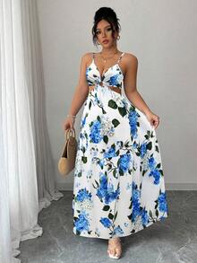 SHEIN Elenzya 大码女式白色底蓝色刺绣花卉深V领无袖收腰镂空设计宽松层叠下摆长裙，浪漫优雅，适合日常穿着，夏季新款女装连衣裙，平价女装，畅销连衣裙，女士长款休闲连衣裙 - 彩色 - 查看 4