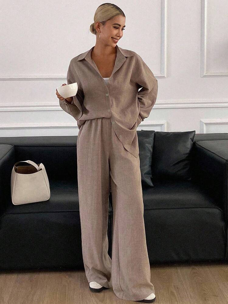 Women's Collared Long Sleeve Shirt And Straight Leg Pants 2 Pieces Casual Set Lounge Sets For Women