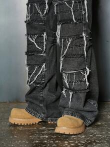 PAVTROS 男士休闲街头风做旧拼接深灰色牛仔裤 - 深灰色 - 查看 6