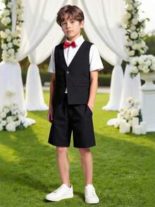 3pcs Boys'black And White Summer Fashion Suit,Elegant Wedding Guest Soft Shirt,Vest & Shorts Set For Banquet,Piano Performance,Birthday & Graduation - Black - View 8