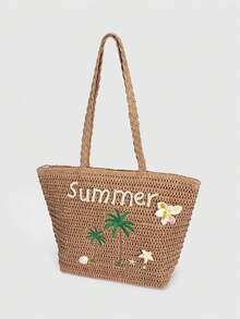 ROMWE Fairycore 1 件装节日主题贝壳、星星、珍珠装饰女士手提包，大容量字母草编沙滩包，适合春夏 - 深棕色 - 查看 4