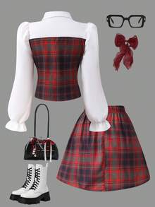 Girls' Plaid Collared Splice Preppy Style Cardigan With Puff Sleeves And Elastic Waist Pleated Skirt, Suitable For Spring/Autumn School, Commute, Outing, Stroll, Can Be Paired With Coats, Jackets - Burgundy - View 2