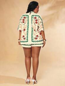 SHEIN SXY Plus Size Boho Multicolor Floral Print Woven Fabric Two Piece Shorts Set With Drop Shoulder Short Sleeve Blouse And Knot Details - Multicolor - View 2