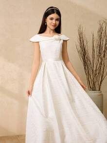 Đầm dạ hội thanh lịch dành cho thiếu nữ, bé gái dự tiệc cưới, đám cưới - Đầm trễ vai bằng vải gấm màu mơ với họa tiết hoa 3D dành cho bé gái tuổi teen, đầm kiểu công chúa với chân váy phồng dành cho các sự kiện ở trường. - Màu be - Xem 6