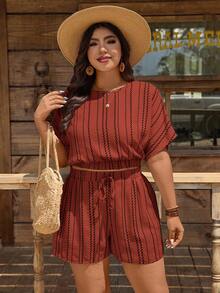 SHEIN LUNE 大码夏季度假休闲条纹蝙蝠袖上衣和短裤两件套 - 紅色 - 查看 6