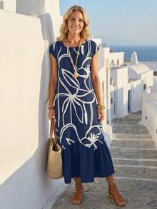 EMERY ROSE Vestido largo de manga corta para mujer con estampado a rayas, unicolor y bajo en la Bottom - Azul Marino - Ver 6
