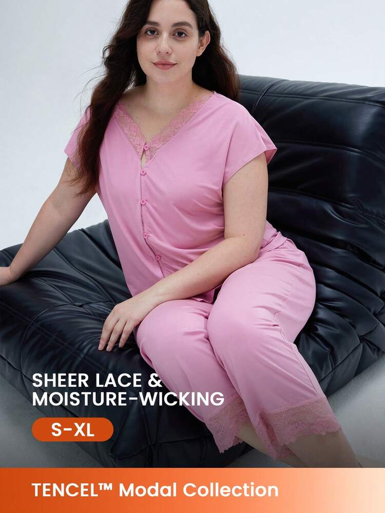 Conjunto de Pijama Longo Feminino Arejado Rosa com Inserção de Renda TENCEL™ Modal Super Macio, Conjuntos de Loungewear, Lingerie, Intimates Nupciais, Primavera e Verão