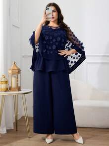Modelyn Bộ đồ 2 mảnh cỡ lớn dành cho nữ: Áo cổ tròn phối lưới họa tiết hoa màu xanh navy và quần ống rộng trơn, thích hợp cho tiệc tùng, đám cưới, các dịp trang trọng, dạ hội. - Màu xanh lam - Xem 5