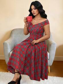 EMERY ROSE Plus Size Women Vintage Christmas Plaid Dress, Red Plaid A-Line Dress - Multicolor - View 7