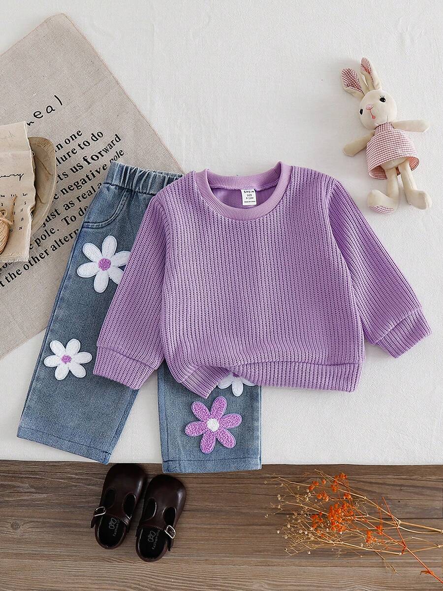 SHEIN Baby Girls Solid Color Long Sleeve T-Shirt & Jeans Set - Purple - View 1