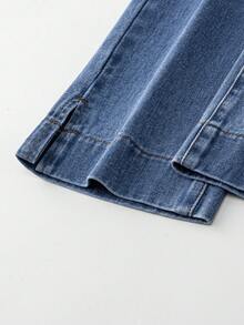 Jeans rectos de mezclilla azul lavada con abertura lateral, de estilo casual y versátil para niñas (talla pequeña) - Azul - Ver 7