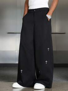 PAVTROS Men's Cross Embroidery Casual Loose Wide Leg Pants - Black - View 6