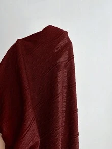 Elamini 女士提花纹理休闲百搭新款扭结修身V领长袖T恤，秋冬款 - 酒紅色 - 查看 6