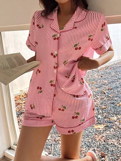 SHEIN Napfluff Pink Striped Cherry Print Lapel Short Sleeve Shorts Women Pajama Set