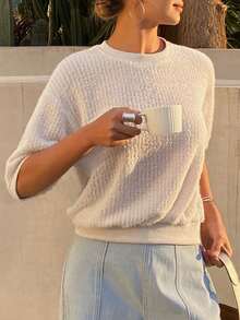 Livesso Women's Casual Textured Fabric Round Neck Short Sleeve T-Shirt - Apricot - View 3