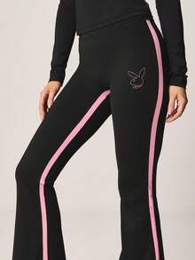 Missguided x Playboy 女士高腰喇叭瑜伽裤，侧边饰有粉色条纹和兔子标志 - 黑色 - 查看 4