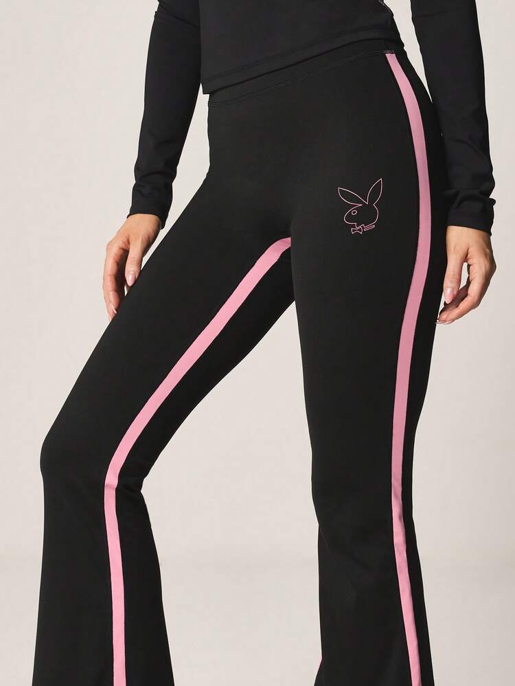 Missguided x Playboy Women's High Rise Bell Bottom Flare Yoga Pants With Pink Side Stripe Detail And Bunny Logo