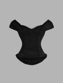 Sweetra French Lace Patchwork Sexy Camisole, Slim Fit Spaghetti Strap Tank Top, Spring/Summer - Black - View 2