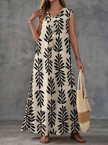 EMERY ROSE 休闲度假风杏色底黑色树叶印花女式连衣裙，适合度假穿着 - 彩色 - 查看 4