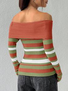 Flirla Women's Autumn Fashionable Color Block Striped Foldover Off Shoulder Fitted Sweater - Rust Brown - View 2