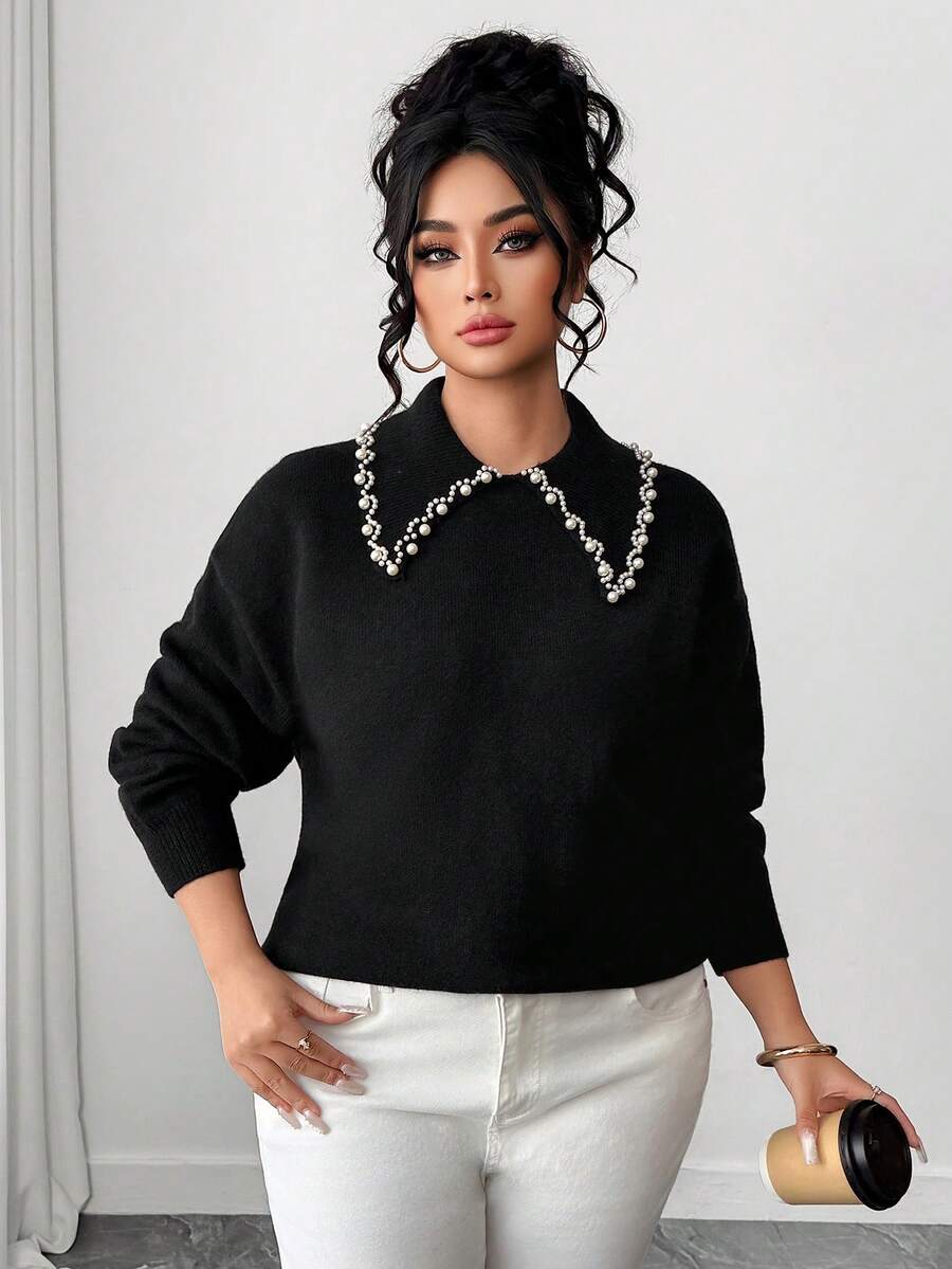 SHEIN PETITE CURVE 女士秋冬新款单件 Polo 领铆钉闪亮时尚修身常规套头长袖上衣，适合日常通勤穿着