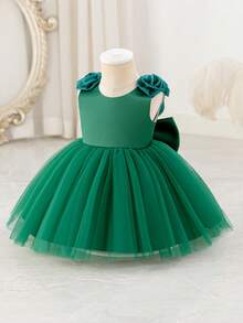 Glamorique Kids 女婴酒红色缎面网纱高档正式连衣裙，饰有3D立体花朵、大蝴蝶结后背和泡泡裙，适合圣诞节、万圣节、宝宝生日派对等场合，也可作为无袖连衣裙用于庆祝活动、宴会和派对。 - 墨綠色 - 查看 3