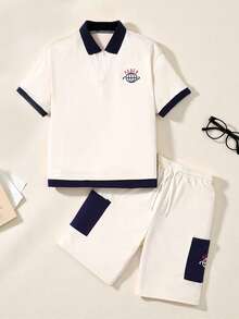 Casuvi Kids 2pcs/Set Casual Sports American College Style Teenager Boys' Outfit, Includes: Loose Fit Drop Shoulder Polo Shirt With Peace Earth Graphic, And Cargo Shorts With Graphic Pocket, Suitable For Sports, Weekends, Campus Life Boys 2 Piece Set Tween Boy Clothes Short Set Boys Casual Contrast Short Set