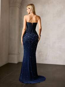 MOTF PREMIUM 女士奢华露肩水钻装饰及地美人鱼下摆晚礼服，适合秋冬正式活动 - 查看 4