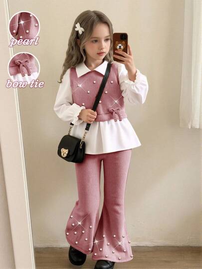 Girls' Casual Shirt Set, Khaki Bow Design, Beaded Knit Ribbed Fabric, White Long Sleeve Ruffle Hem Shirt Top Paired With Khaki Pearl Flared Pants, 2pcs Set, Suitable For Back To School, Casual, Fashion, Sweet, Comfortable Outdoor Travel Outfit Girl S Spring And Autumn Suit Girls Pants Suit Girls Coord Sets Girls Spring And Autumn Suit Flare Pants Set Kids
