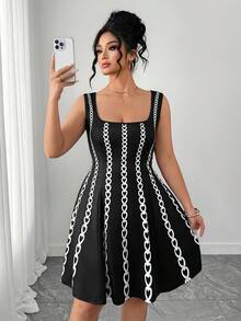 Elenzga Robe en tricot imprimée à encolure carrée pour grandes tailles, convenant pour le printemps/été, la rentrée scolaire, les vacances, la remise des diplômes, les fêtes, la Saint-Valentin, Noël, les festivals de musique, la Fête des mères, Halloween, Thanksgiving, Pâques, la Fête nationale, les danses, les sorties, les fêtes, les mariages, les activités de plein air - Multicolore - Voir 2