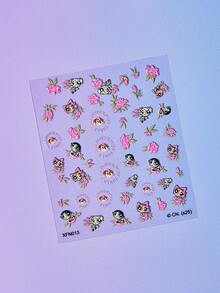 FanGlow THE POWERPUFF GIRLS X SHEIN 4片可爱花朵、泡泡、毛茛图案美甲浮雕贴纸 - 女士自粘美甲贴花，5D浮雕效果，可爱、有趣、精致的主题，易于粘贴，可用于美甲装饰、DIY、节日礼物、派对风格 - 彩色 - 查看 4