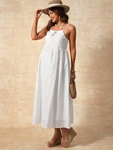 孕妇度假刺绣镂空流苏系带休闲吊带裙 - 白色 - 查看 5